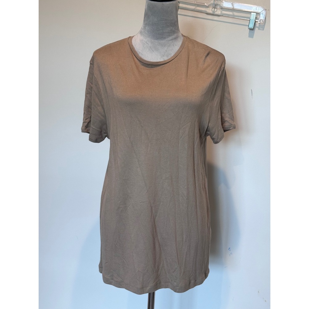 Zara Women Camel Tan Short Sleeve Ribbed Knit Crew Neck Top Large 4231/406/704